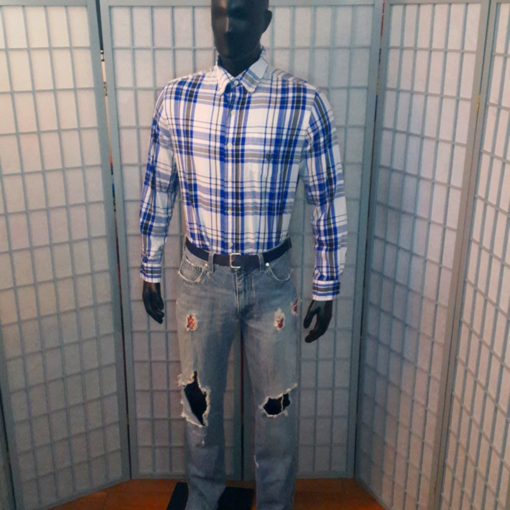 White blue and black plaid dress shirt